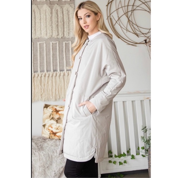 NWT! Cream Long Body Nylon Button Downstyle Winter Jacket Coat - Picture 2 of 5